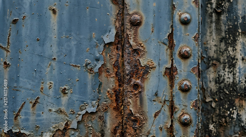Weathered blue metal panel with rust and rivets | Industrial rusty iron texture background | Peeling paint on corroded metal surface | Aged steel plate with heavy oxidation