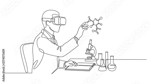 Continuous one line drawing of a scientist wearing virtual reality headset studying molecular structure.