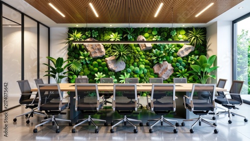 luxury executive boardroom with biophilic layout and green plants