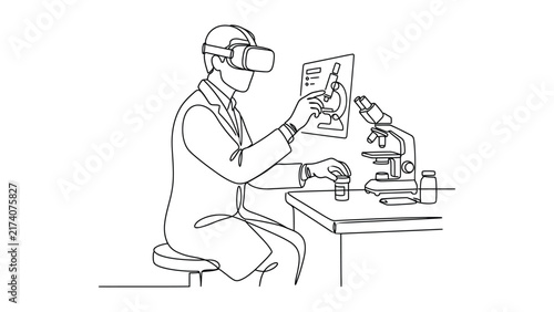Continuous line drawing of a scientist using virtual reality headset in laboratory.