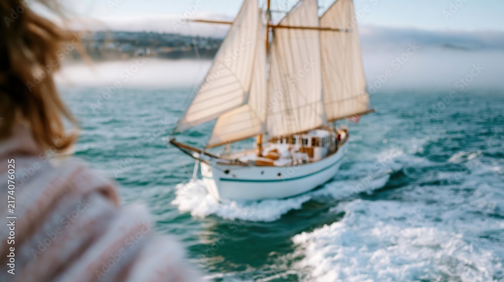 Fototapeta premium A beautiful sailing ship glides across the calm waters, representing freedom and adventure. A serene moment captured in nature’s splendid beauty and maritime elegance.