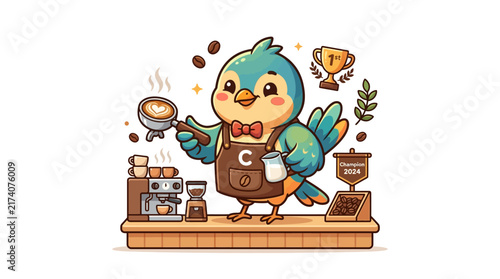 Cute Bird Barista & Coffee Making - Champion Barista Art