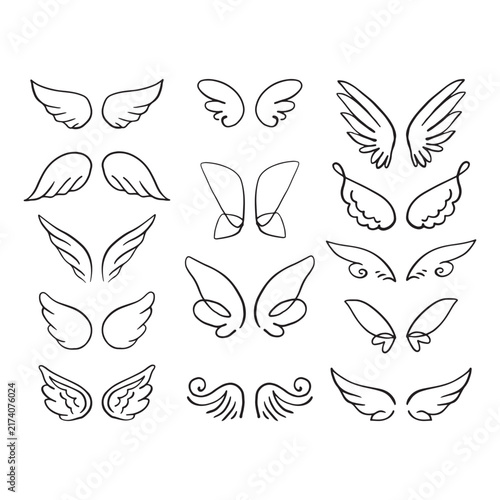 Angel wings in heaven hawk feather wing element. Vintage heraldic wings sketch. Doodle stylized birds wings. Hand drawn contoured stiker wing in open position. Design elements in coloring style