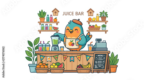 Cute Bird Bartender Serving Fresh Juice at Colorful Juice Bar