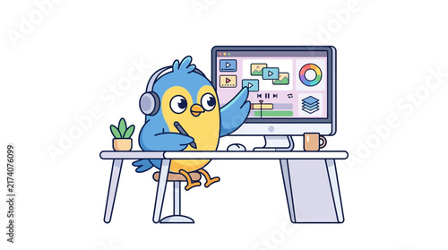 Cute Bird Character Editing Video on Computer with Stylus and Headphones