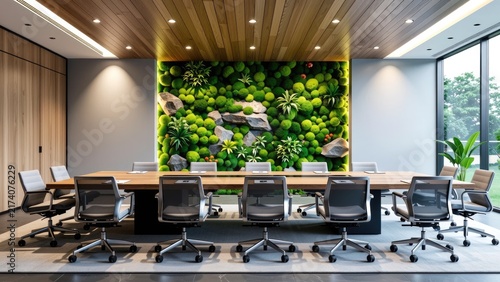 corporate meeting space with ergonomic mesh chairs and garden view