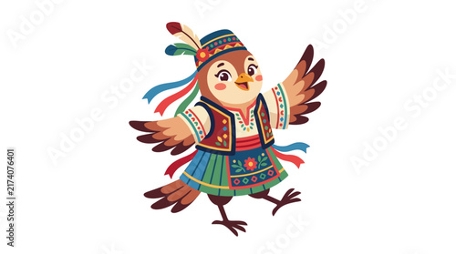 Cute bird in traditional folk costume dancing, isolated on white background