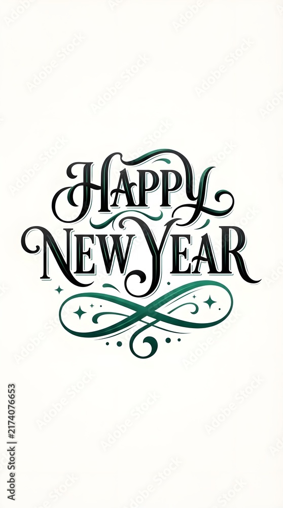 Obraz premium Elegant Dark Green and Black Happy New Year Typography with Ornamental Swirls on Clean White Background