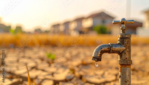 Rusty Water Tap Dripping a Single Drop over Cracked Dry Earth During Severe Drought and Water Shortage