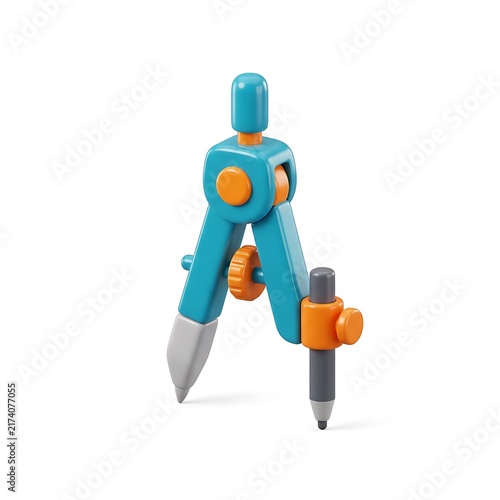 3D stylized geometry drawing compass tool with glossy finish isolated on white background