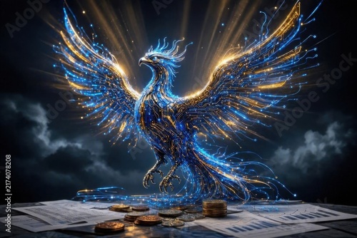 Majestic phoenix made of glowing digital data streams and circuits rising from business documents and charts, symbolizing AI-powered business rebirth and growth.