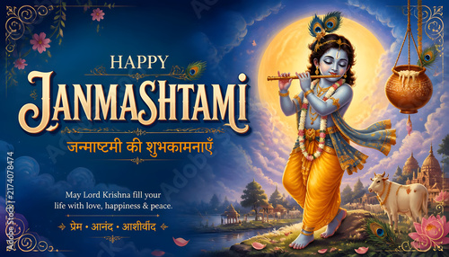 Janmashtami celebration featuring young Krishna with flute and white cow against a glowing royal blue background design