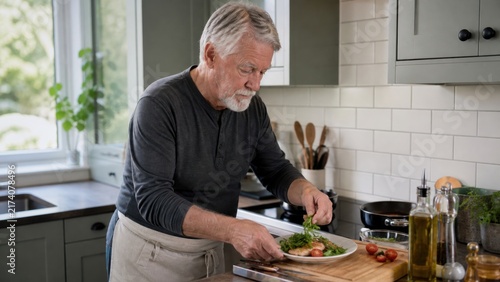 An older widower preparing an elegant healthy dinner for one in a compact kitchen, elevated three quarter view, for commercial stock use
