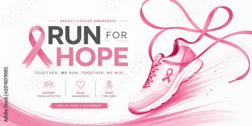 Breast cancer awareness run for hope banner, pink running shoe with ribbon laces, charity marathon event poster