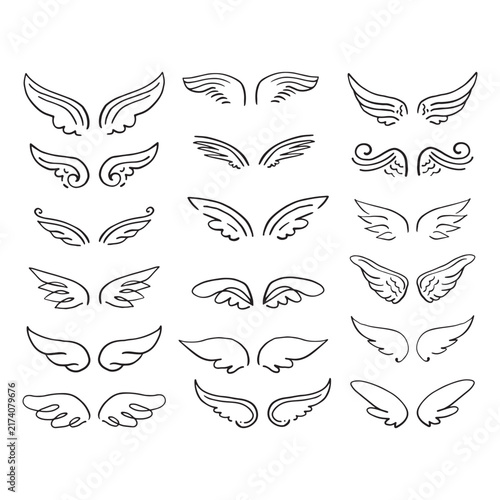 Angel wings in heaven hawk feather wing element. Vintage heraldic wings sketch. Doodle stylized birds wings. Hand drawn contoured stiker wing in open position. Design elements in coloring style