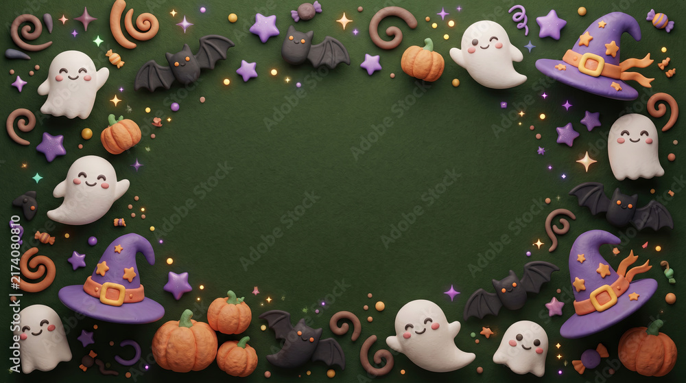 Fototapeta premium Cute Halloween border with 3D ghosts and pumpkins. Spooky holiday frame on green background. Playful festive background with witch hats.
