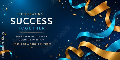 Celebrating Success Together corporate banner, elegant blue and gold ribbons with confetti, professional team appreciation background