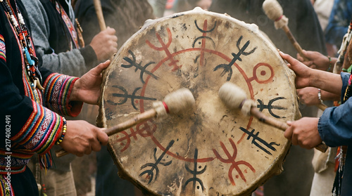 Hands playing traditional Native American painted drum during cultural music ceremony