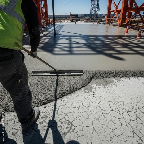 Construction Worker Smoothing Fresh Concrete On A Bridge Deck
