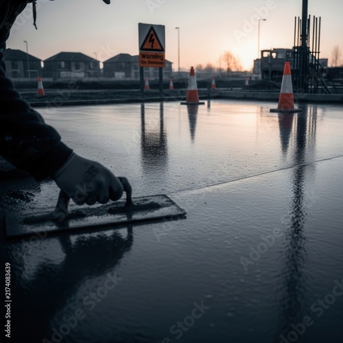 Construction Worker Smoothing Wet Concrete Surface During Dusk Hours