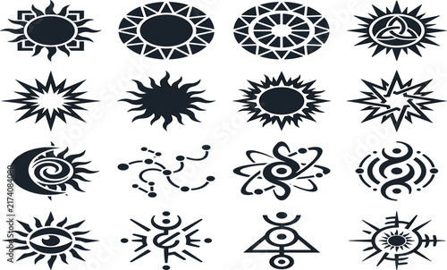 Fotografía Black Silhouette Mystical Celestial Symbol Set with Tribal Sunbursts Crescent Mo