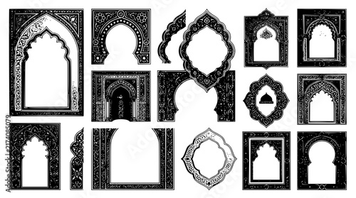 Islamic Arch Window Frame Icon Set with Arabic Ornamental Border and Mosque Style Gate Vector Illustrations