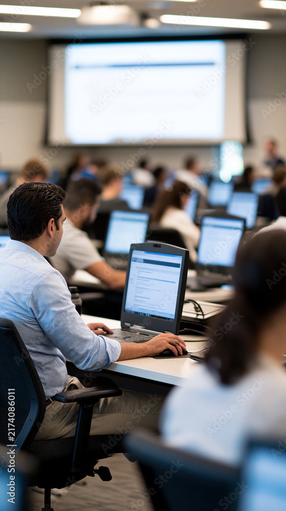 Fototapeta premium Rear view of students seated at multiple workstations in a modern bright computer lab with a large projector screen at the front of the room faceless composition classroom technology