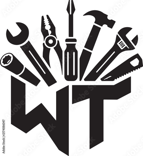 Hand Tools Monogram Logo, Construction and Repair Equipment Emblem with Hammer, Wrench, Screwdriver, Pliers and Saw, Professional Workshop Hardware Vector Design