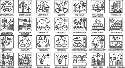 Green City Line Icons Set - Vector Sustainable Development, Zero Waste, and Green Energy Symbols