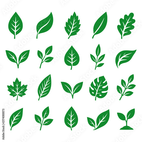 Leaf Icons Set vector illustration featuring a versatile collection of natural leaves, sprouts and botanical symbols in multiple minimalist styles. Perfect for eco branding, organic products, sustaina