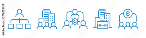 Collection of business management icons drawn with blue line on white background, set of corporate hierarchy and organization structure symbols, finance concept illustration.
