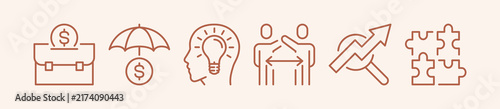 Career insurance and business idea icon set, briefcase symbol, mindset development and negotiation agreement symbols, growth analysis pictograms for financial consulting illustration.

