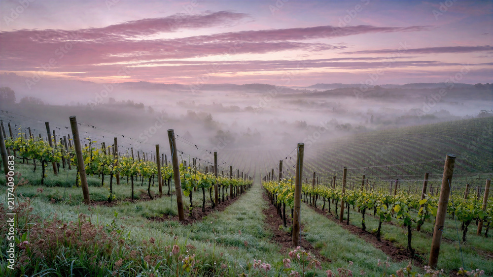 Obraz premium Vineyard rows covered in early morning frost