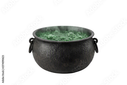 Fotografie Witch cauldron with green potion isolated PNG, black cast iron kettle boiling ma
