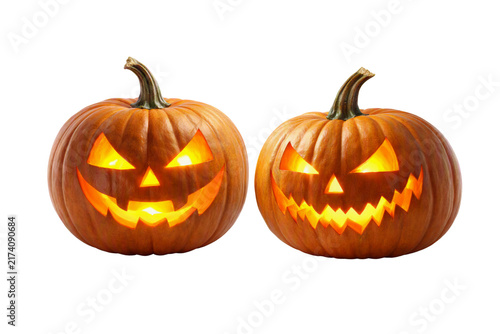 Bild auf Leinwand Halloween jack o lanterns pair isolated PNG, two smiling carved glowing pumpkins