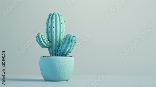 Minimalist teal cactus in matching pot on light background. Modern home decor, succulent plant and calm aesthetic concept.