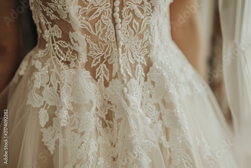Elegant white lace wedding dress with deep V neckline and floral embroidery details. Bridal fashion, luxury texture and romantic ceremony concept.