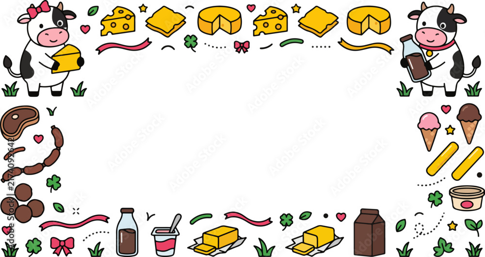 Fototapeta premium Cartoon Dairy Cow Milk and Cheese Products Border Frame