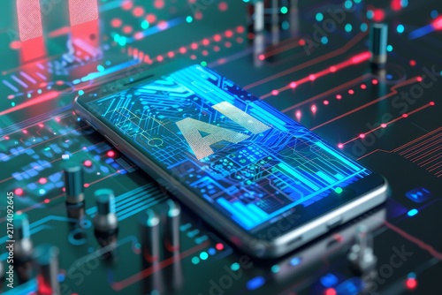 AI hologram above smartphone screen with glowing circuit data, artificial intelligence technology and mobile innovation concept.