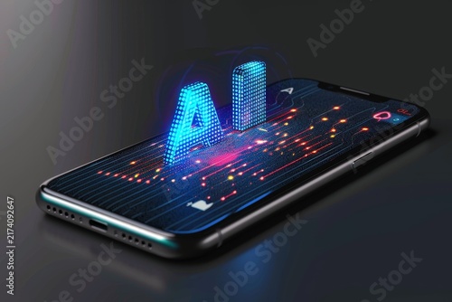 AI hologram above smartphone screen with glowing circuit data, artificial intelligence technology and mobile innovation concept.