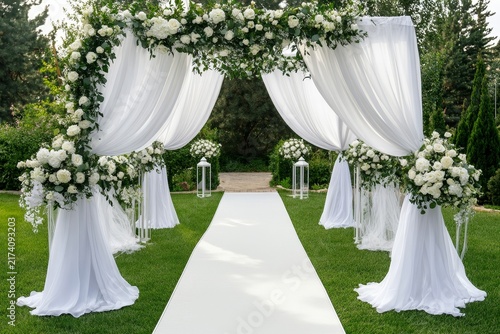 Outdoor wedding arch with white flowers and drapery on garden lawn, romantic ceremony and elegant event decor concept.