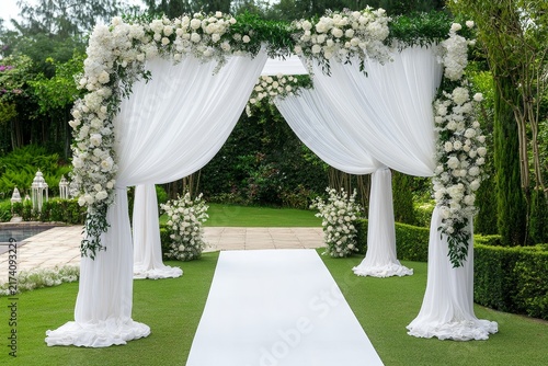 Outdoor wedding arch with white flowers and drapery on garden lawn, romantic ceremony and elegant event decor concept.