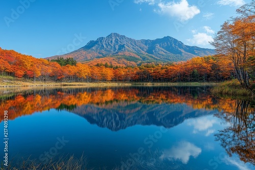 Autumn lake reflection with colorful forest and mountain, peaceful nature landscape and fall season scenery.