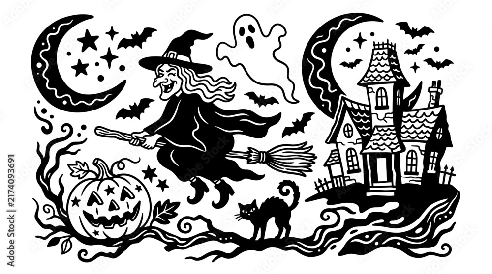 Obraz premium Black and white illustration of a witch on a broomstick flying past a house.