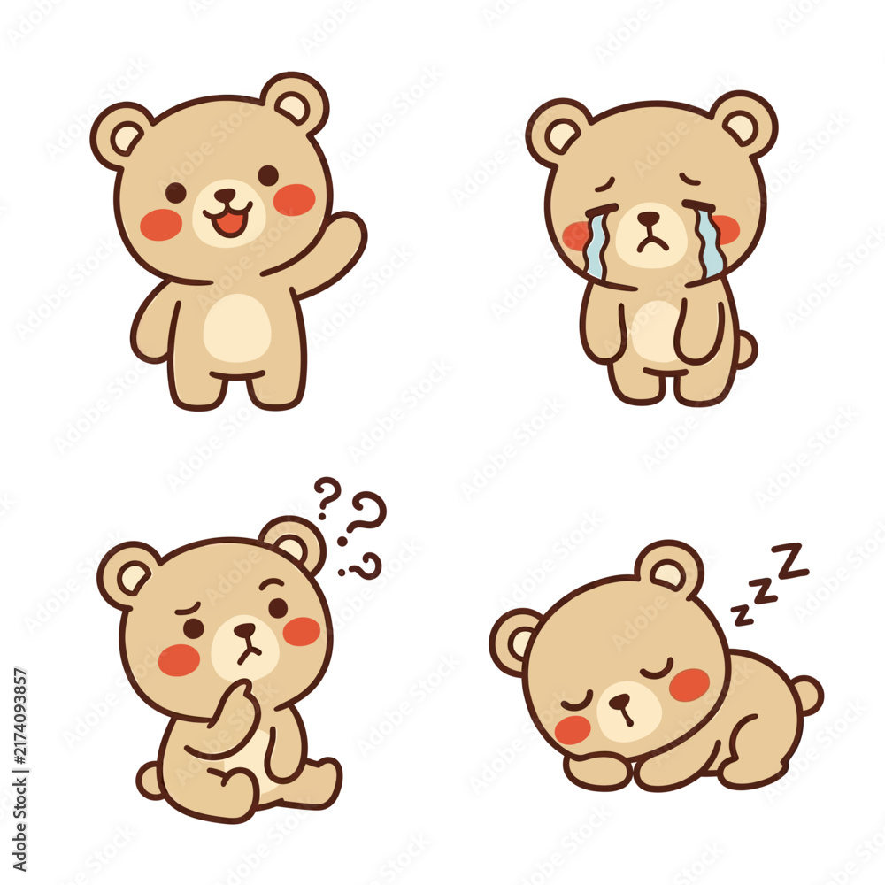 Fototapeta premium Cute bear character showing four different emotions happy sad confused sleeping
