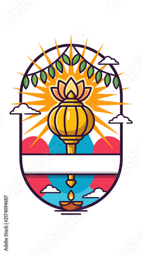 Modern flat vector lamp emblem with sun rays and decorative elements in bright colors