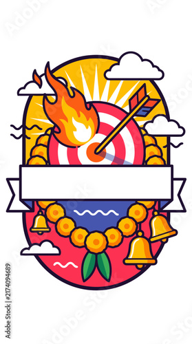 Festive Dussehra emblem with fire bow arrow bells and banner banner text