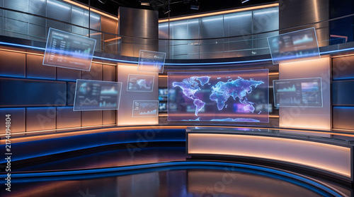 Futuristic high-tech news studio with global map and holographic data displays. Modern broadcast set, sleek design, blue-orange lighting, ideal for global communication, financial analysis, virtu