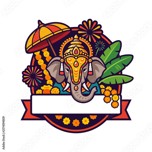 festive Dussehra vector with Ganesha head and fireworks badge with ribbon