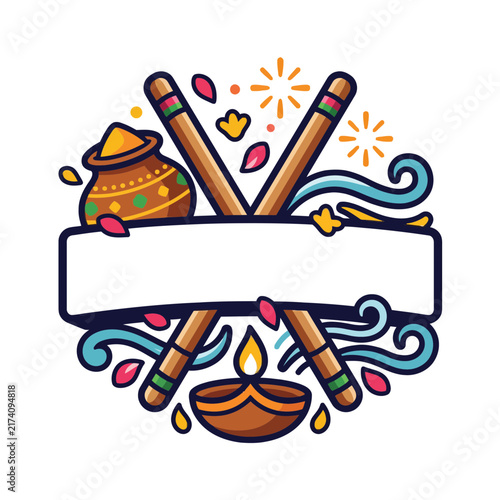 Vector festival symbol with crossed incense sticks diya and decorative banner